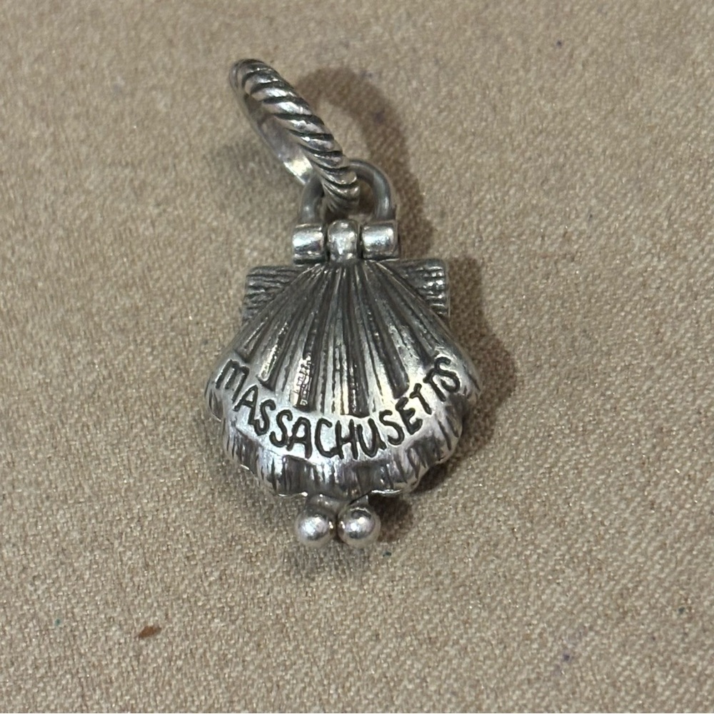 Brighton Massachusetts charm Silver oyster shell opens! White glass pearl inside